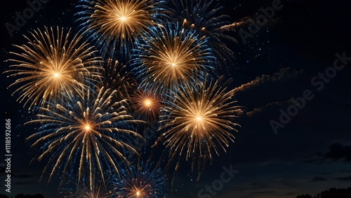 Bright gold and blue fireworks burst against a dark night sky.

