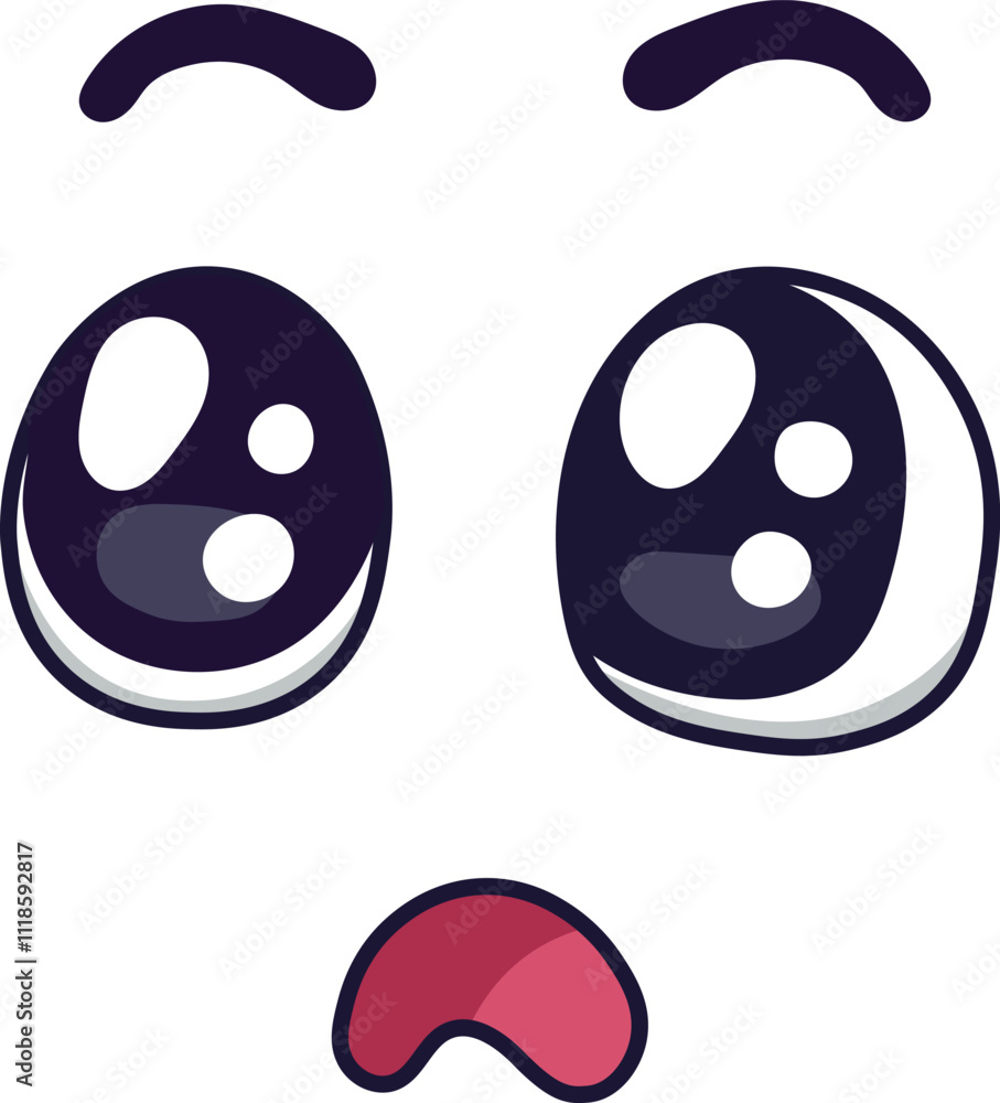 Confused cartoon face expressing a sad mood with big, surprised eyes, raised eyebrows, and a downturned mouth, creating a funny yet melancholic expression Confused cartoon face expressing a sad mood with big, surprised eyes, raised eyebrows, and a downturned mouth, creating a funny yet melancholic expression