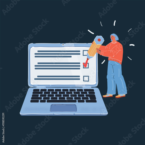 Cartoon vector illustration of woman girl do online test exams with computer laptop