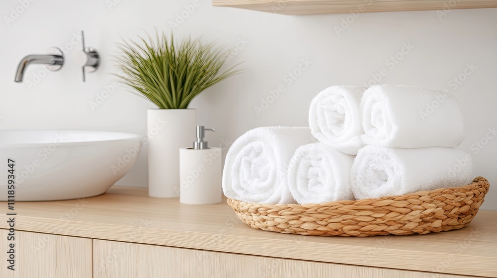 Hands gently hold a stack of soft white towels near an open bathroom cabinet. The cabinet displays neatly organized toilet paper rolls and a decorative basket atop a minimalist design Hands gently hold a stack of soft white towels near an open bathroom cabinet. The cabinet displays neatly organized toilet paper rolls and a decorative basket atop a minimalist design