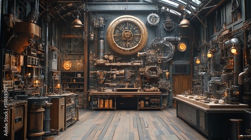 Steampunk workshop where inventors build elaborate, steam-powered contraptions and machinery