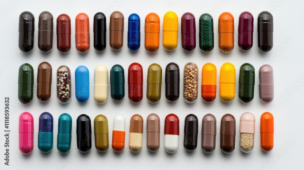 Close-up of mixed pills and capsules in a rainbow of colors, artistically scattered across a minimalist white tabletop Close-up of mixed pills and capsules in a rainbow of colors, artistically scattered across a minimalist white tabletop