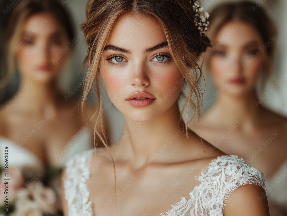 Beautiful bride poses in a bright setting with elegant bridal party members standing behind her on a special day filled with love and celebration Beautiful bride poses in a bright setting with elegant bridal party members standing behind her on a special day filled with love and celebration