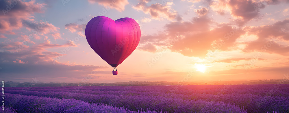 Fototapeta premium Heart-Shaped Hot Air Balloon over Lavender Field at Sunset