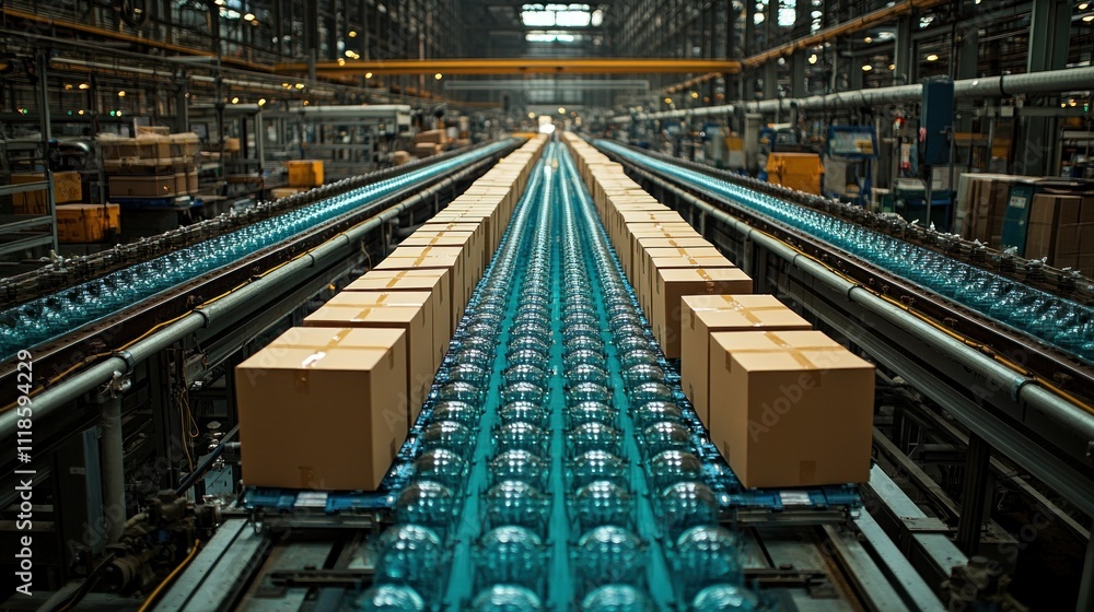 Fototapeta premium A vibrant warehouse buzzes with movement as packages glide smoothly on conveyor belts