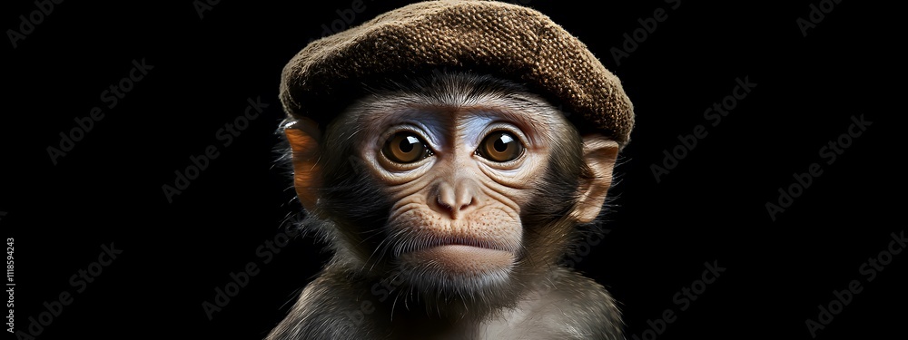 Portrait of a cute monkey wearing a beret against a black background Portrait of a cute monkey wearing a beret against a black background