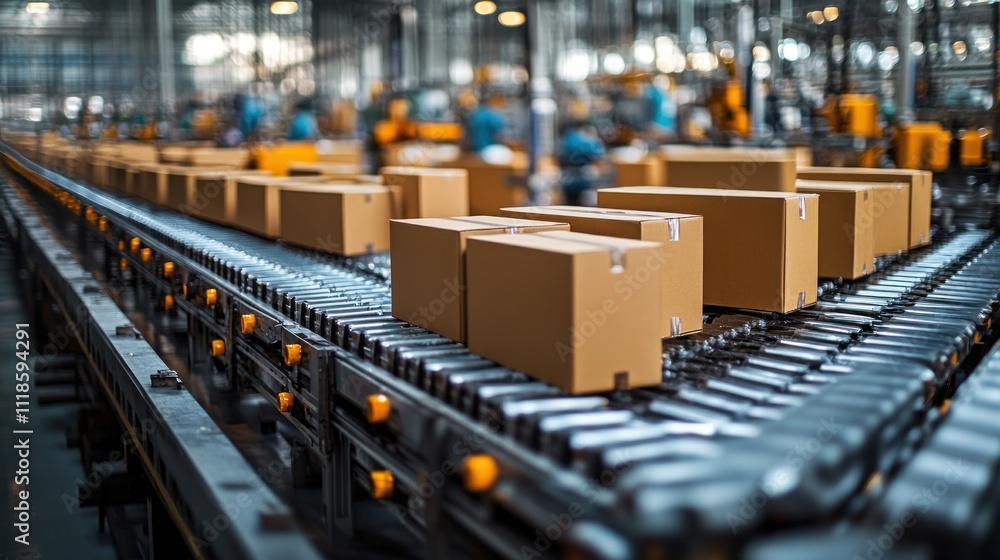 Fototapeta premium Packages move swiftly along a conveyor system in a bustling warehouse as workers oversee operations