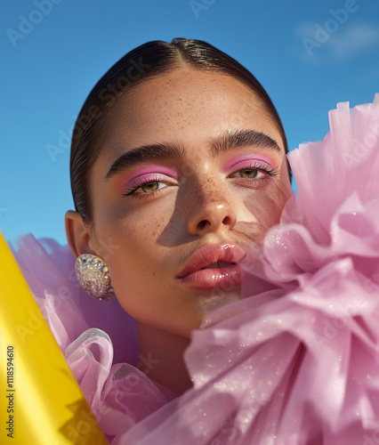 A vibrant close-up of a model in soft pink makeup and a bold yellow accessory, set against a bright blue sky. A fresh and contemporary fashion editorial shot. photo