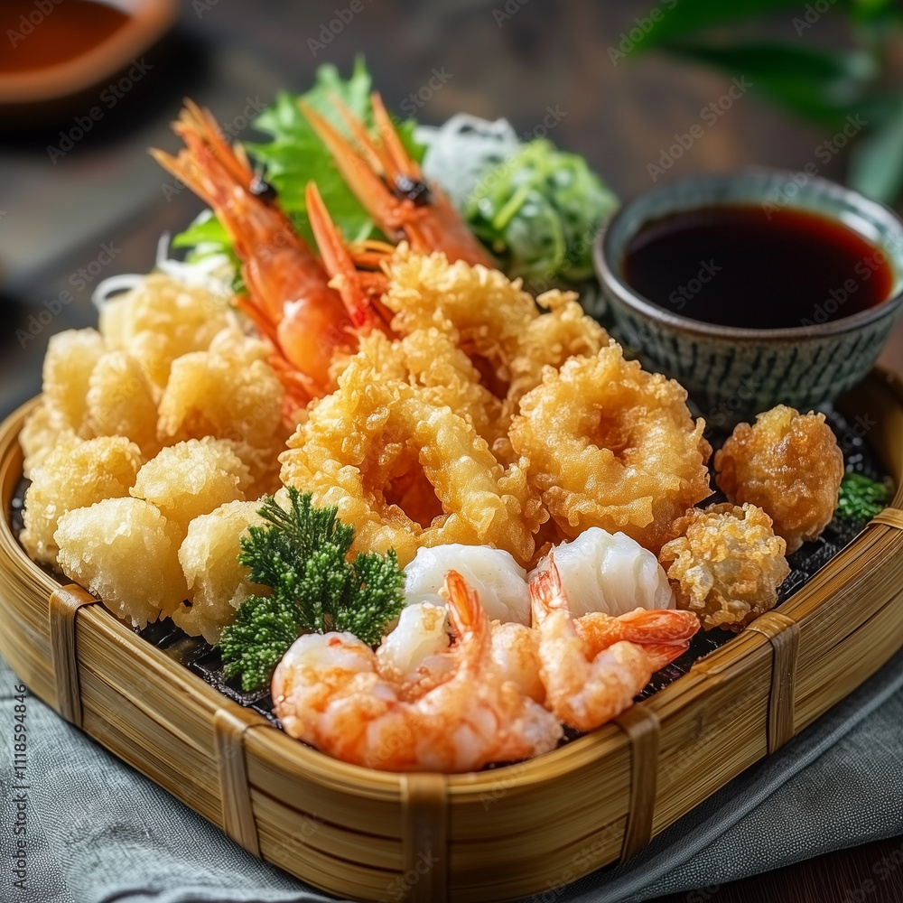 Tempura platter, showcasing an array of lightly battered and crisply fried seafood. Tempura platter, showcasing an array of lightly battered and crisply fried seafood.