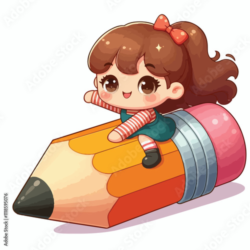 a girl is riding on a pencil vector