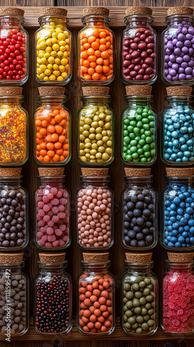 Rainbow Candy , sorted in glass bottle on the Wooden rackor
