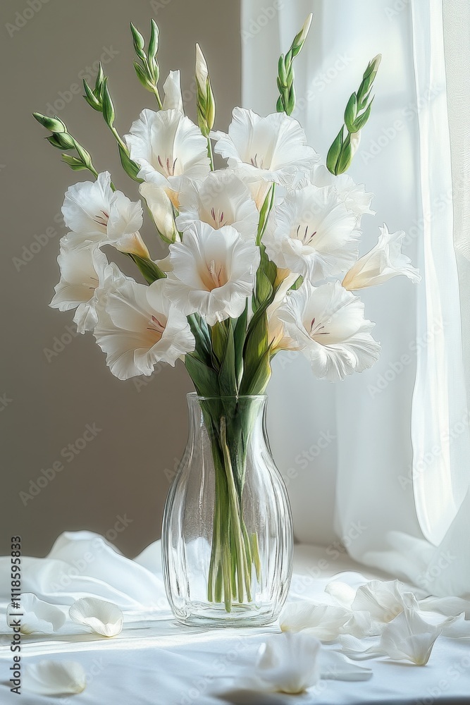 Bright white gladiolus flowers in a clear vase on a table by a window with soft natural light Bright white gladiolus flowers in a clear vase on a table by a window with soft natural light