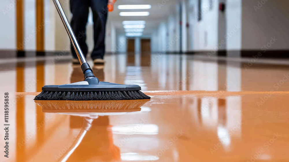 Close-up of a cleaning brush on a shiny polished floor in a hallway. Janitorial work and cleanliness maintenance concept. Design for cleaning services, hygiene, and facility management themes. Close-up of a cleaning brush on a shiny polished floor in a hallway. Janitorial work and cleanliness maintenance concept. Design for cleaning services, hygiene, and facility management themes.