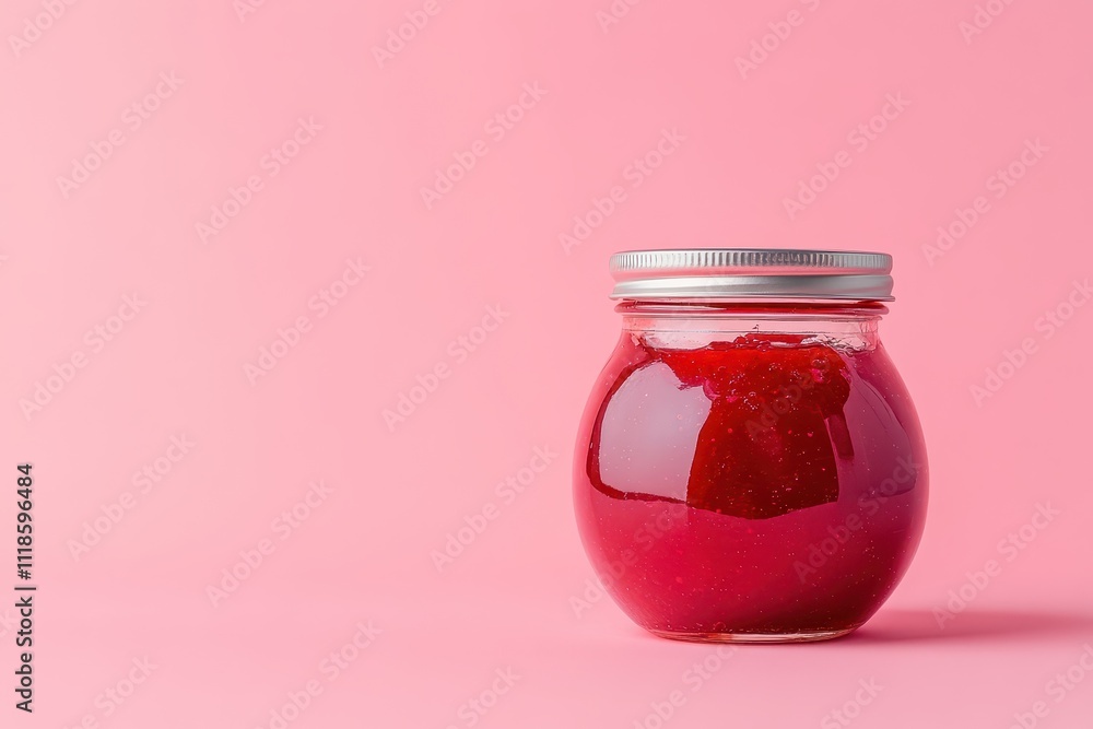 A glass jar filled with vibrant red jam isolated on a bright pink background A glass jar filled with vibrant red jam isolated on a bright pink background