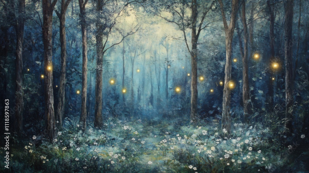 Obraz premium Enchanted forest with glowing fireflies