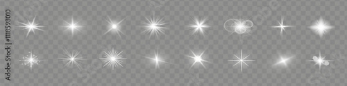 Glow isolated white transparent starlight effect set, lens flare, explosion, line, sun flash, glitter, spark and stars. Abstract special effect element design. Shine ray with lightning,