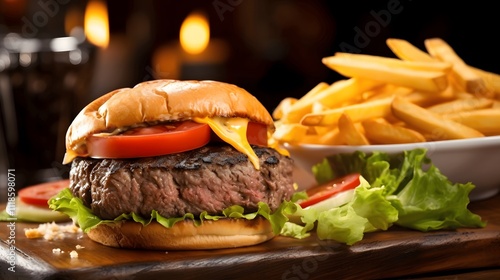 Delicious, big, premium quality beef burger with cheese, lettuce and fresh tomato, served with beautifully presented golden crispy french fries. Perfect for advertising campaigns and food promotions. photo