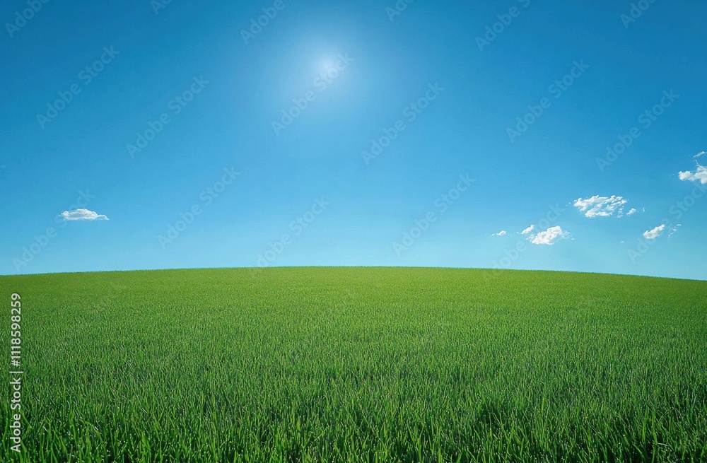 Fototapeta premium Lush green field under a bright blue sky with a radiant sun shining in the backdrop