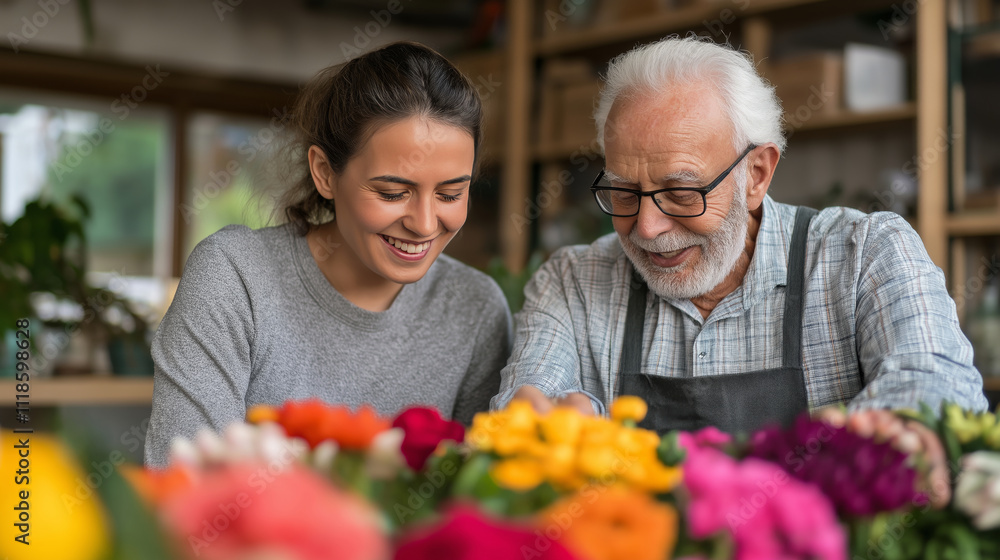 Elderly man and joyful florist arranging vibrant flowers in a flower shop, sharing a creative and happy moment Elderly man and joyful florist arranging vibrant flowers in a flower shop, sharing a creative and happy moment
