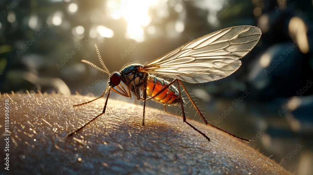 Close-Up of a Mosquito Feeding on Skin - A macro shot showcasing a mosquito delicately feeding on human skin, highlighting nature's intricate details and the connection between insects and humans. Close-Up of a Mosquito Feeding on Skin - A macro shot showcasing a mosquito delicately feeding on human skin, highlighting nature's intricate details and the connection between insects and humans.