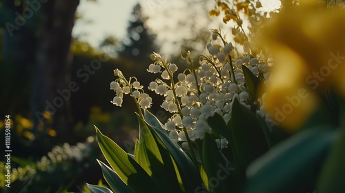 Delicate white lilies in a garden setting bathed in golden sunlight. photo