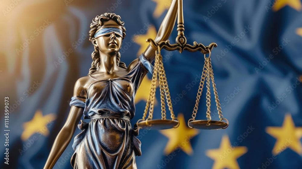 A statue of Lady Justice with scales, set against a backdrop of the European Union flag. The scene is serious and symbolic, representing law and justice. A statue of Lady Justice with scales, set against a backdrop of the European Union flag. The scene is serious and symbolic, representing law and justice.