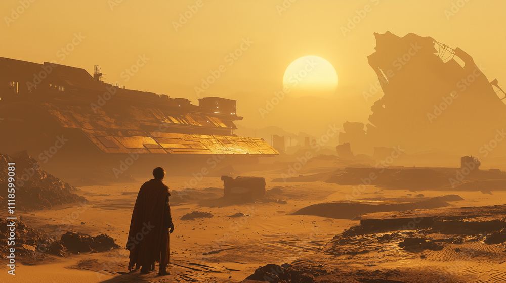Fototapeta premium A lone figure stands in a desolate desert landscape at sunset, with wrecked futuristic structures in the background