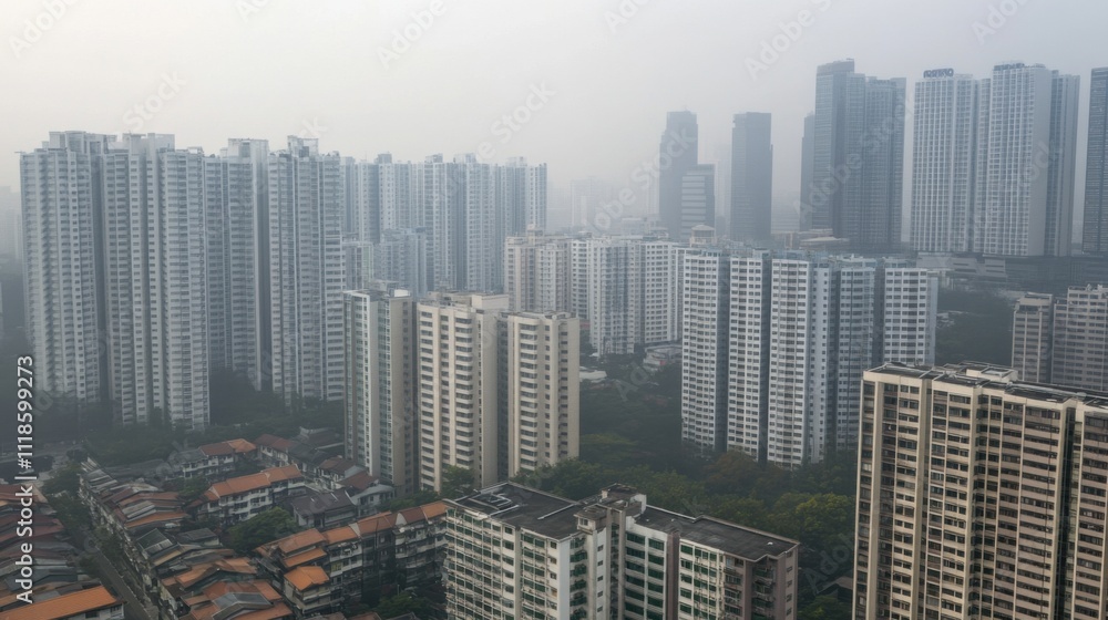 Fototapeta Foggy aerial view of urban skyscrapers