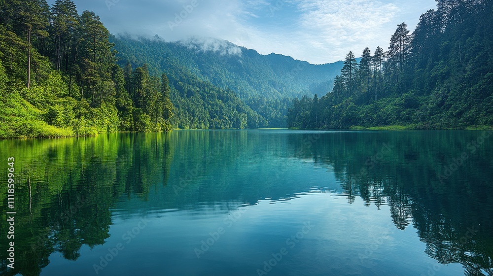 Serene lake surrounded by lush forested mountains reflecting the morning sky in a tranquil natural setting Serene lake surrounded by lush forested mountains reflecting the morning sky in a tranquil natural setting