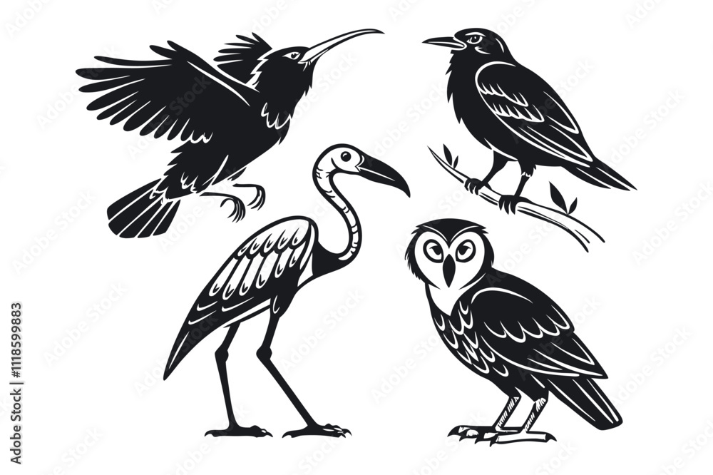 silhouette illustrations of various bird species in black and white. eps 10 silhouette illustrations of various bird species in black and white. eps 10
