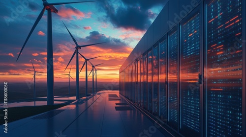 Futuristic data center with wind turbines at sunset