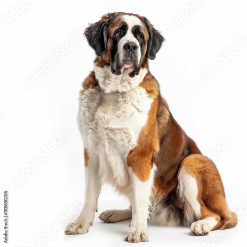 A charming Saint Bernard rests calmly, its large frame radiating comfort and affection against a soft light background.