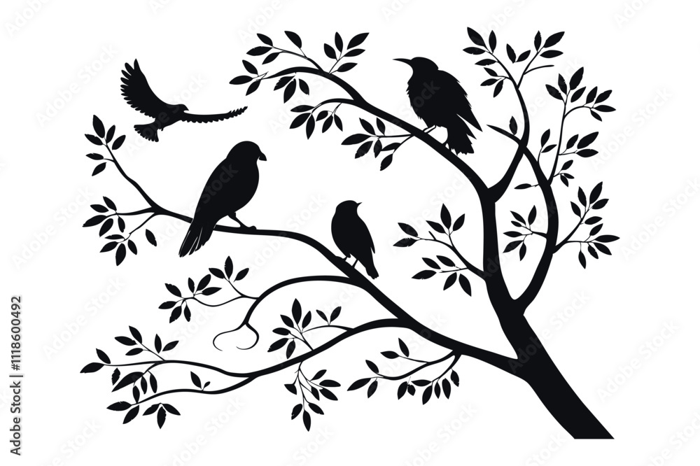 silhouette of birds perched on a tree branch with leaves. eps 10 silhouette of birds perched on a tree branch with leaves. eps 10
