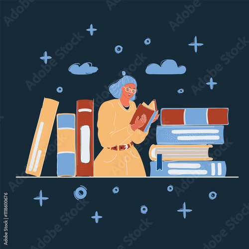 Cartoon vector illustration of Young woman reading a book among stack of books on dark backround.