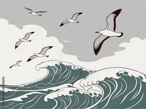 dynamic seagulls and turbulent sea waves in a stylized illustration. eps 10