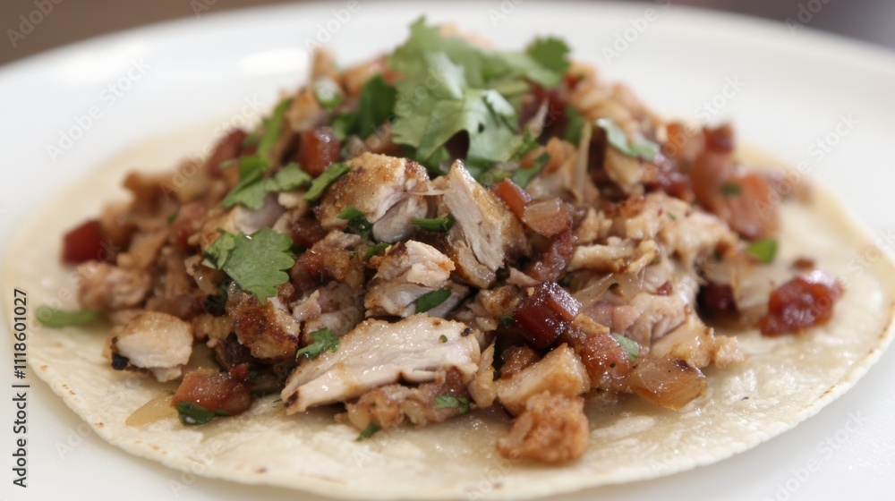 Delicious shredded chicken taco with pico de gallo. Delicious shredded chicken taco with pico de gallo.