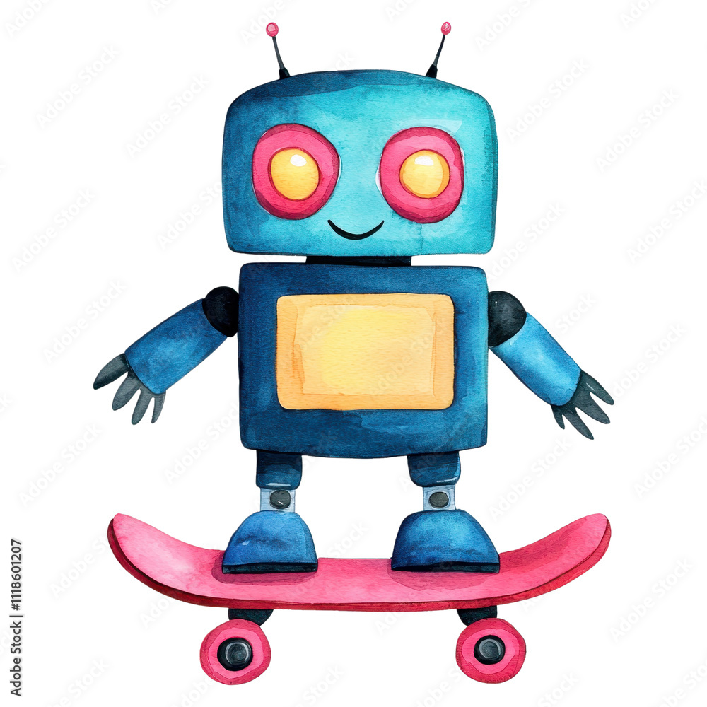Naklejka premium Playful robot on skateboard, colorful design, fun illustration, perfect for kids' themes.
