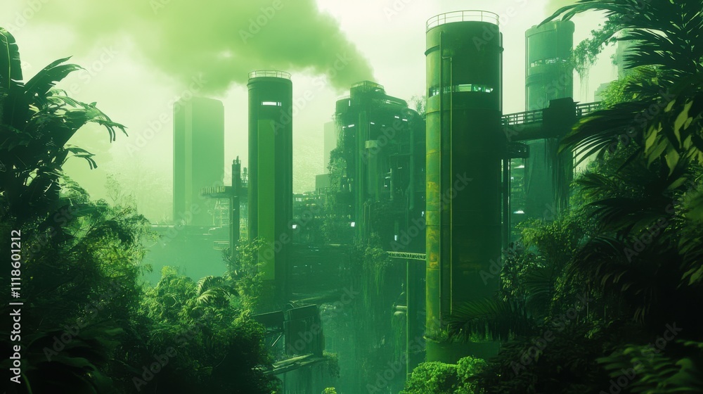 Futuristic industrial complex amidst lush greenery Futuristic industrial complex amidst lush greenery
