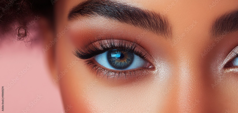 Obraz premium Close-up view of a woman's eye showcasing intricate details, vibrant colors, and elegant makeup against a soft pink background