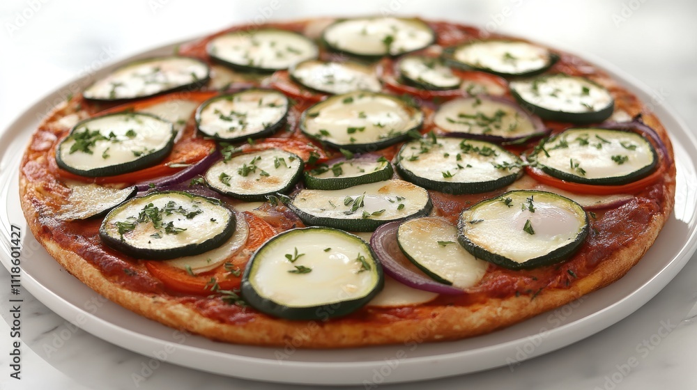 Delicious veggie pizza with zucchini, tomato, and mozzarella. Delicious veggie pizza with zucchini, tomato, and mozzarella.