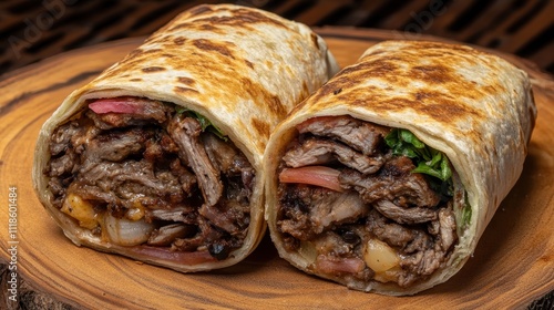 Two delicious, sliced burritos on a wooden platter, filled with savory meat, vegetables, and cheese. photo