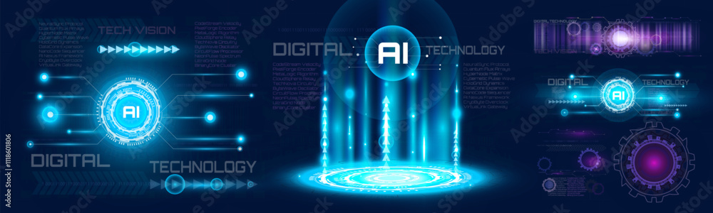 Fototapeta premium Blue hologram portal with glowing magic circle and sci-fi light effects. Futuristic teleport podium design featuring abstract hologram technology in a circular shape.