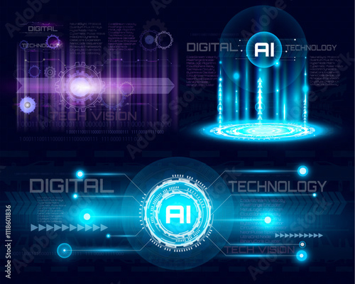 Blue hologram portal with glowing magic circle and sci-fi light effects. Futuristic teleport podium design featuring abstract hologram technology in a circular shape.