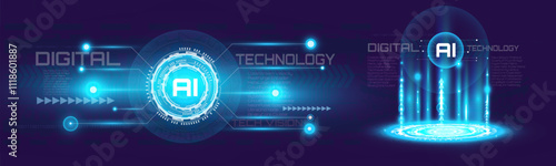 Blue hologram portal with glowing magic circle and sci-fi light effects. Futuristic teleport podium design featuring abstract hologram technology in a circular shape.