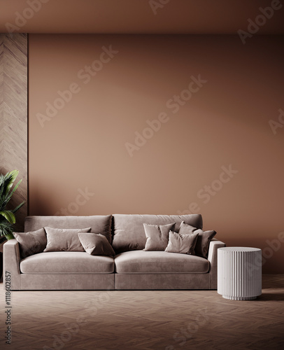 Trend interior in color of the year 2025 - mocha mousse. Stylish minimalsitic cozy interior design living room in calm tone chocolate palette. 3d render photo