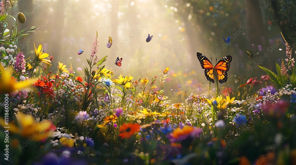 Monarch Butterfly In A Vibrant Wildflower Meadow Monarch Butterfly In A Vibrant Wildflower Meadow