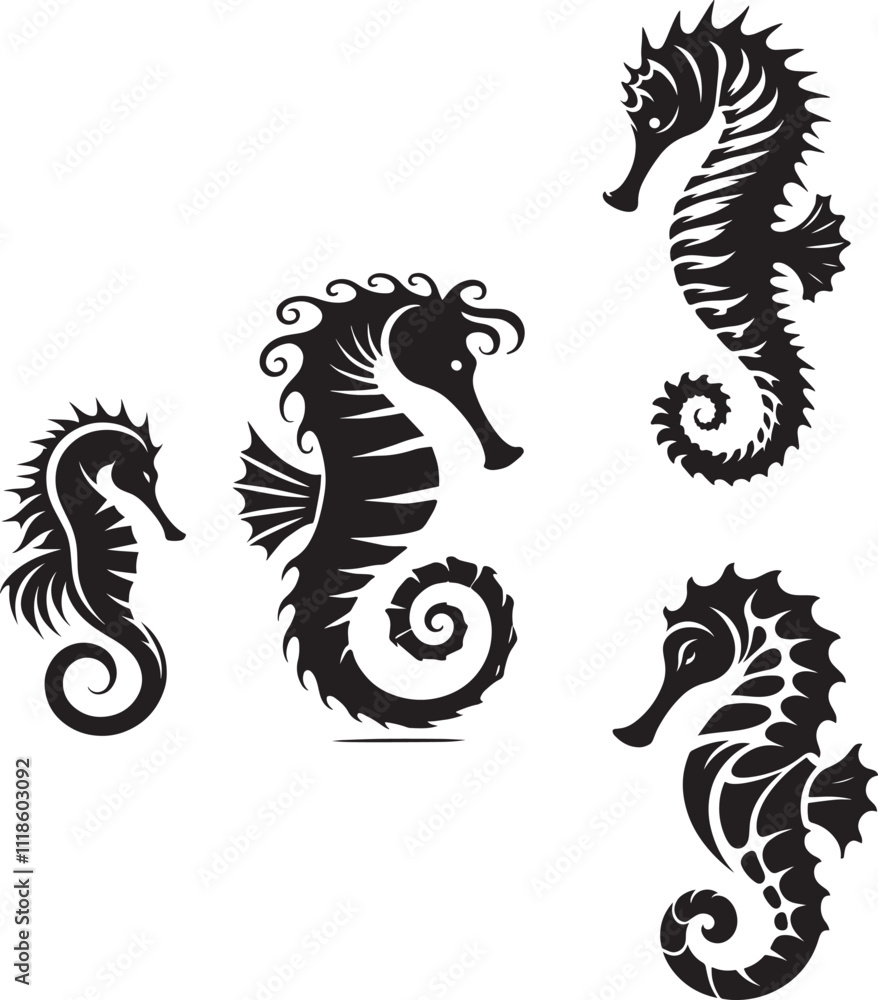 Sea horse black and white silhouette assets in vector farm illustration Sea horse black and white silhouette assets in vector farm illustration