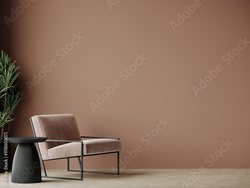 Minimalistic interior in mocha mousse trend color 2025 year. Chocolate warm palette design. 3d render