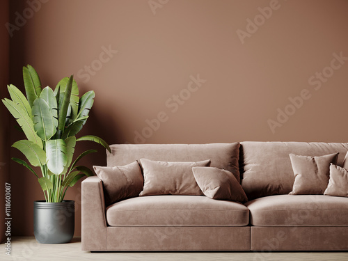 Modern living room with sofa in chocolAte colors. Wall painted trend mocha mousse tone 2025 year. Warm palette  of design interior room and furniture. 3d render photo