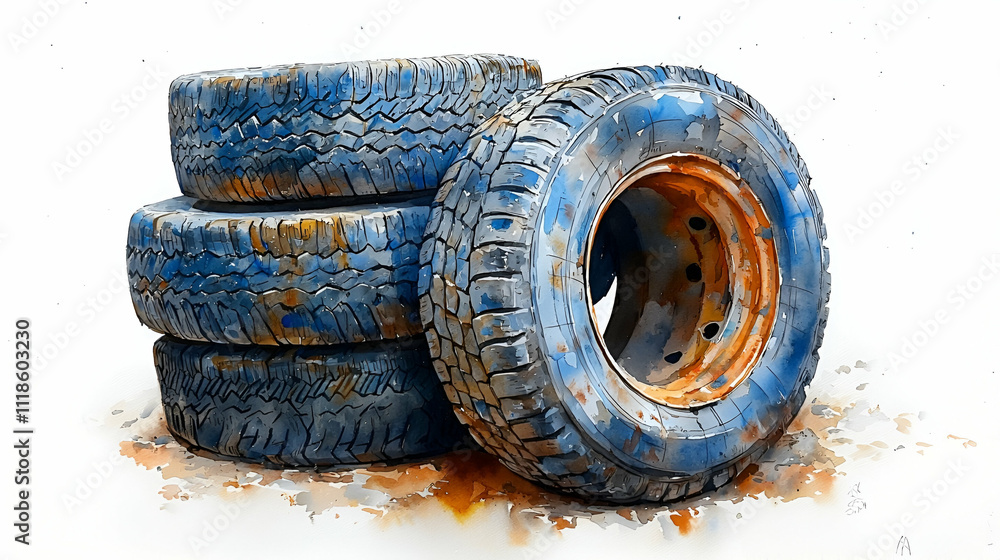 Four worn-out, rusty blue tires stacked together against a white background, showcasing their rugged texture and weathered appearance. Four worn-out, rusty blue tires stacked together against a white background, showcasing their rugged texture and weathered appearance.